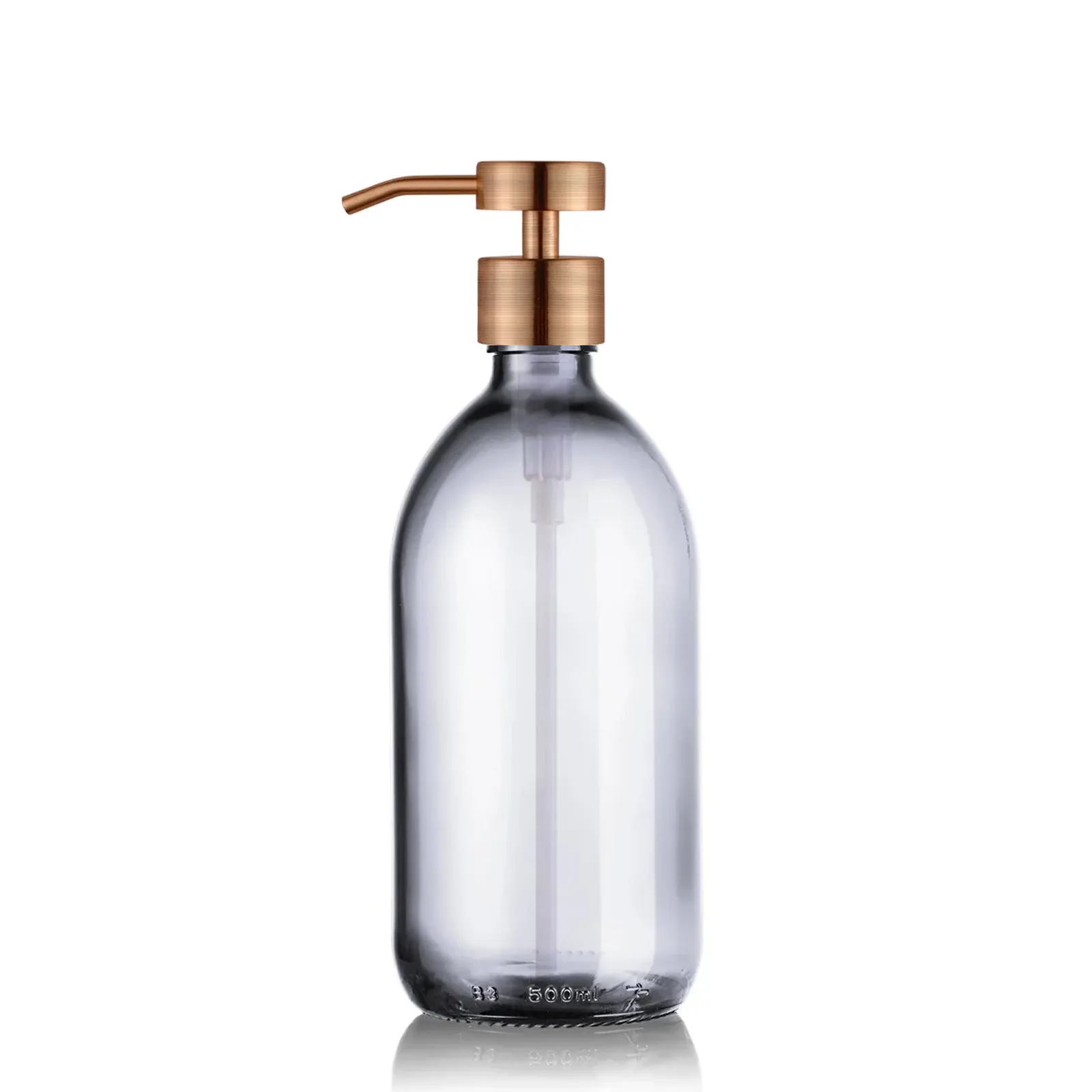 Distributeur de savon en verre transparent  de 500 mL avec pompe doseuse inox cuivré