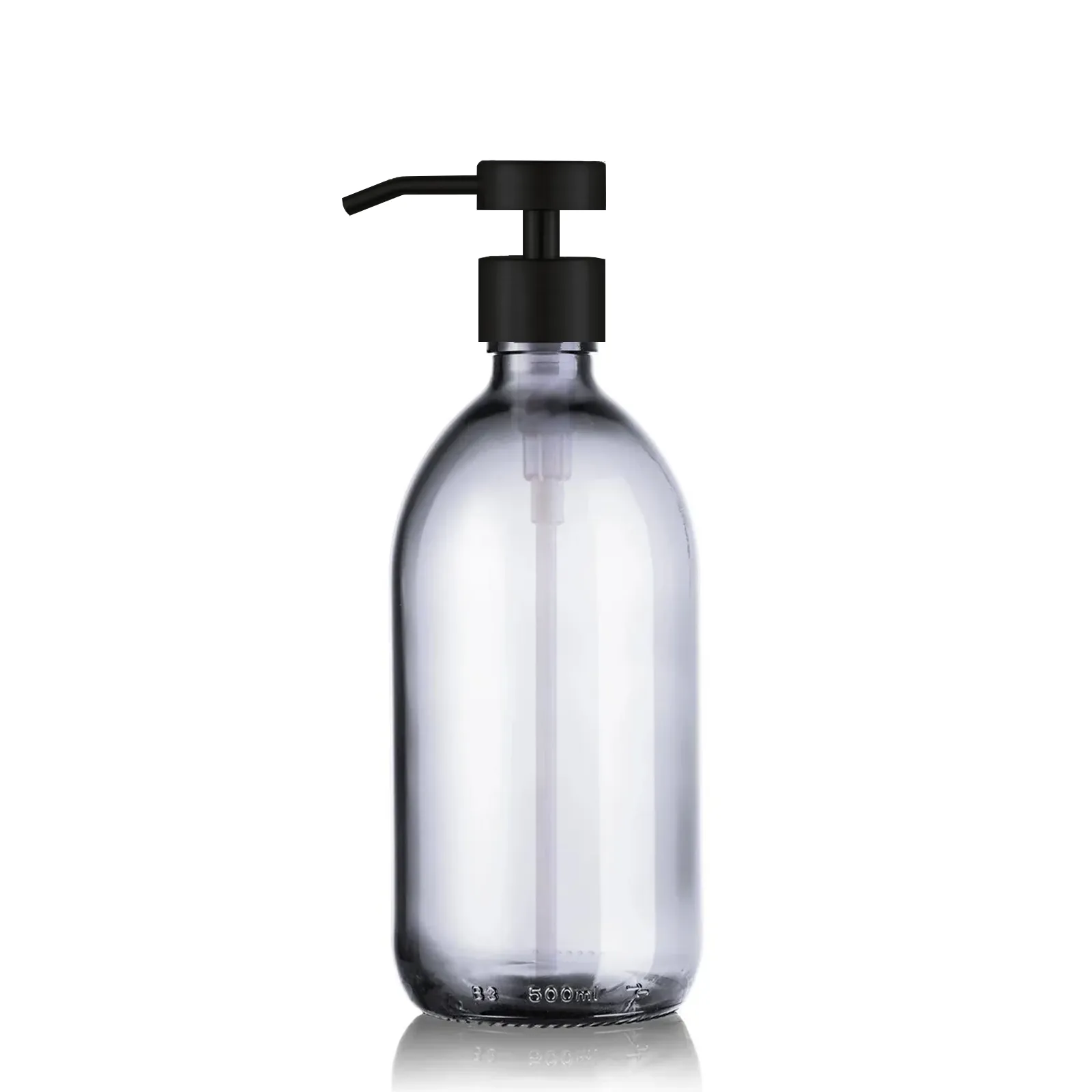 Distributeur de savon en verre transparent  de 500 mL avec pompe doseuse inox noir mat