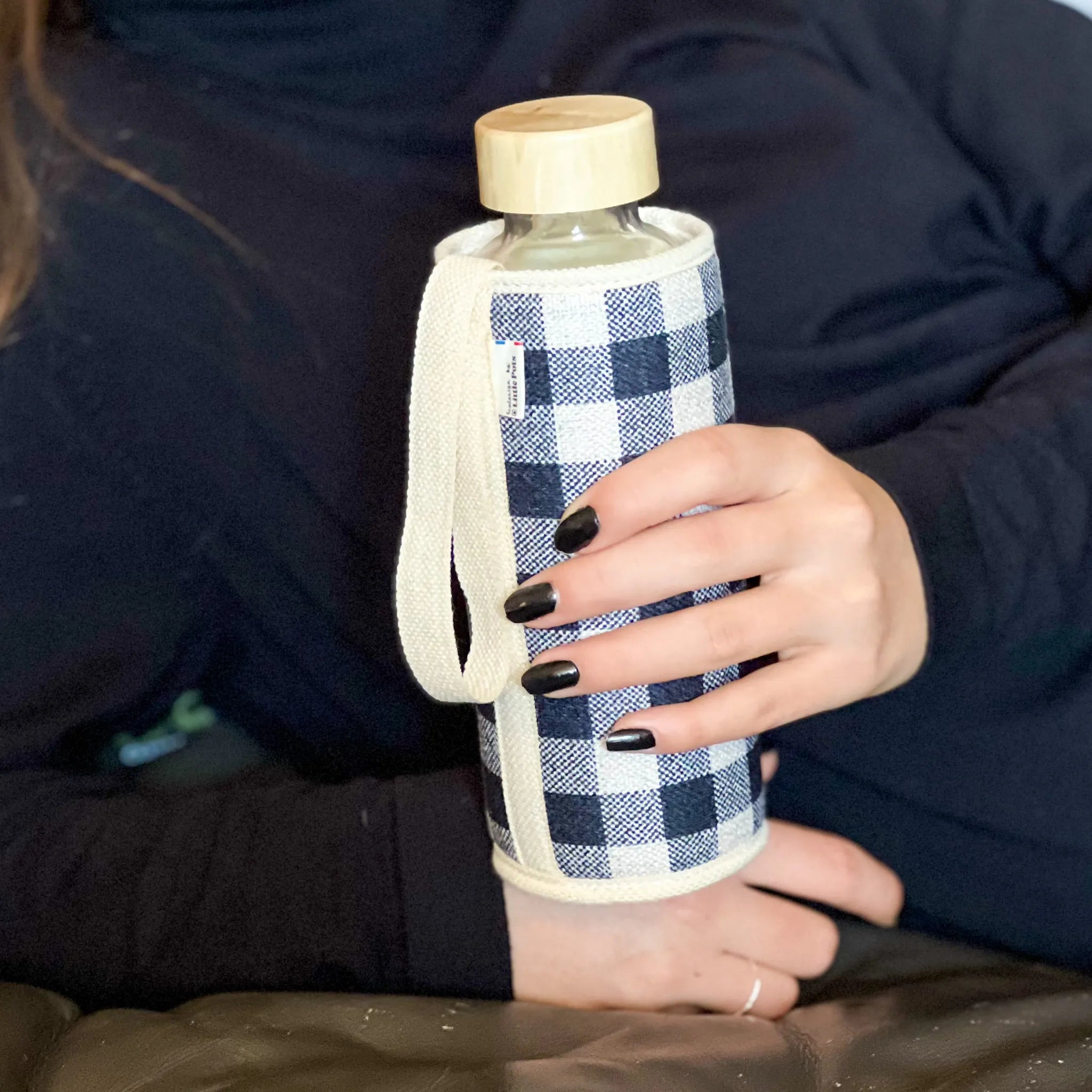 Gourde en verre et housse isotherme Chopette x La Charentaise Vichy Noir