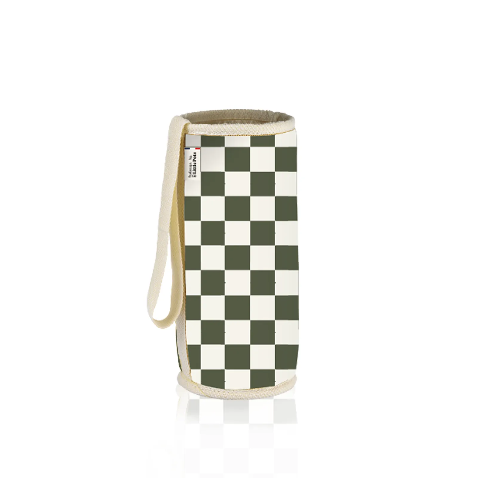 Housse de protection pour gourde en verre personnalisée motif damier kaki et blanc