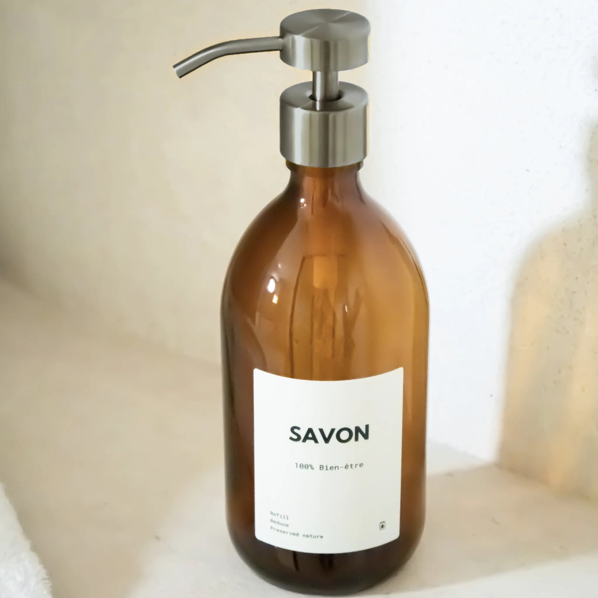 Distributeur de savon en verre ambré – Pompe doseuse inox