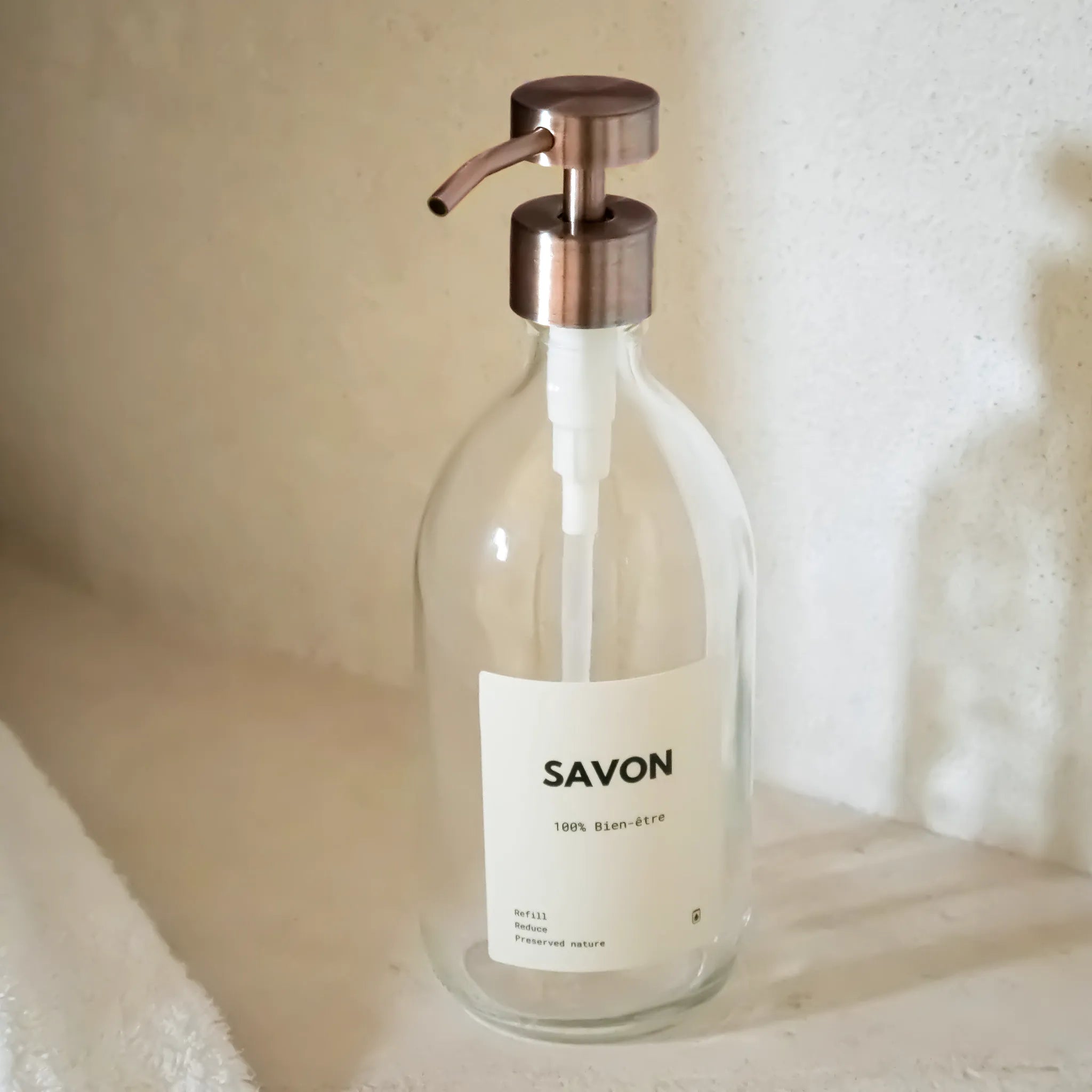 Distributeur de savon en verre transparent – Pompe doseuse inox